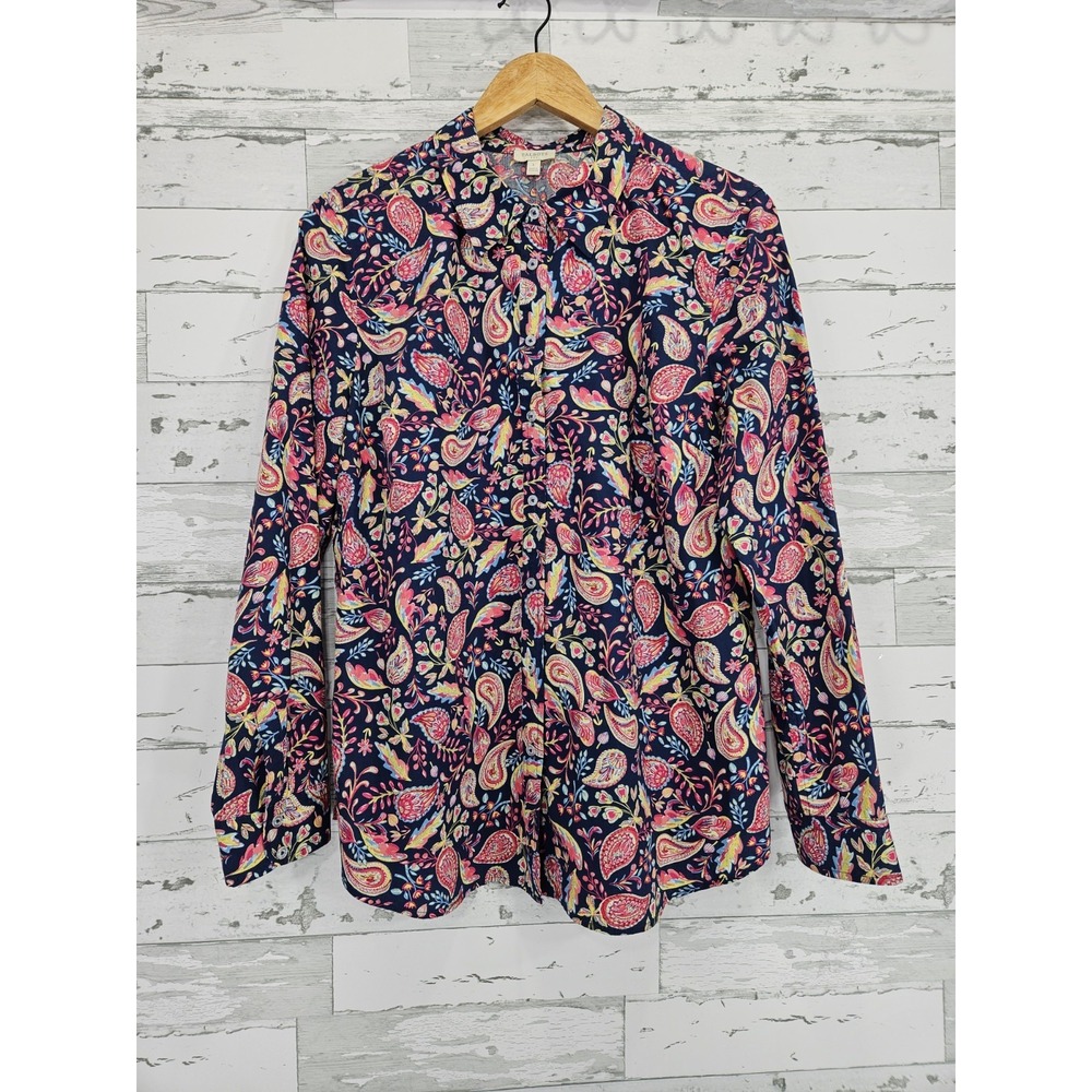 Talbots Womens Large Paisley Floral Button Down Shirt Navy Blue Pink 100% Cotton